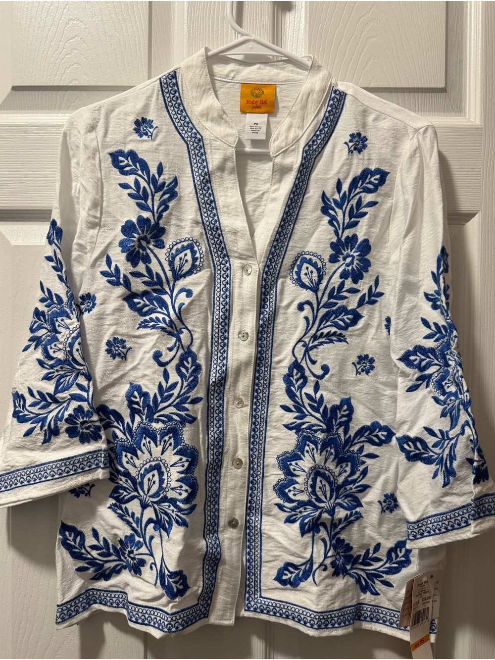 Ruby Rd. White Jacket with Blue Floral Embroidery